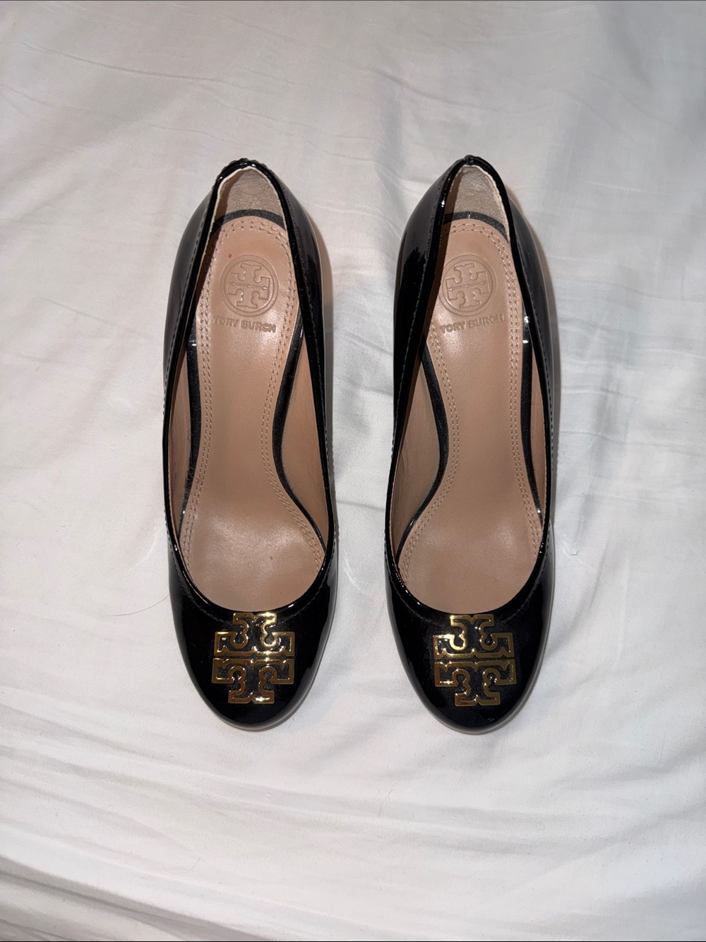 Tory Burch Black Patent Heels with Gold Logo Accent
